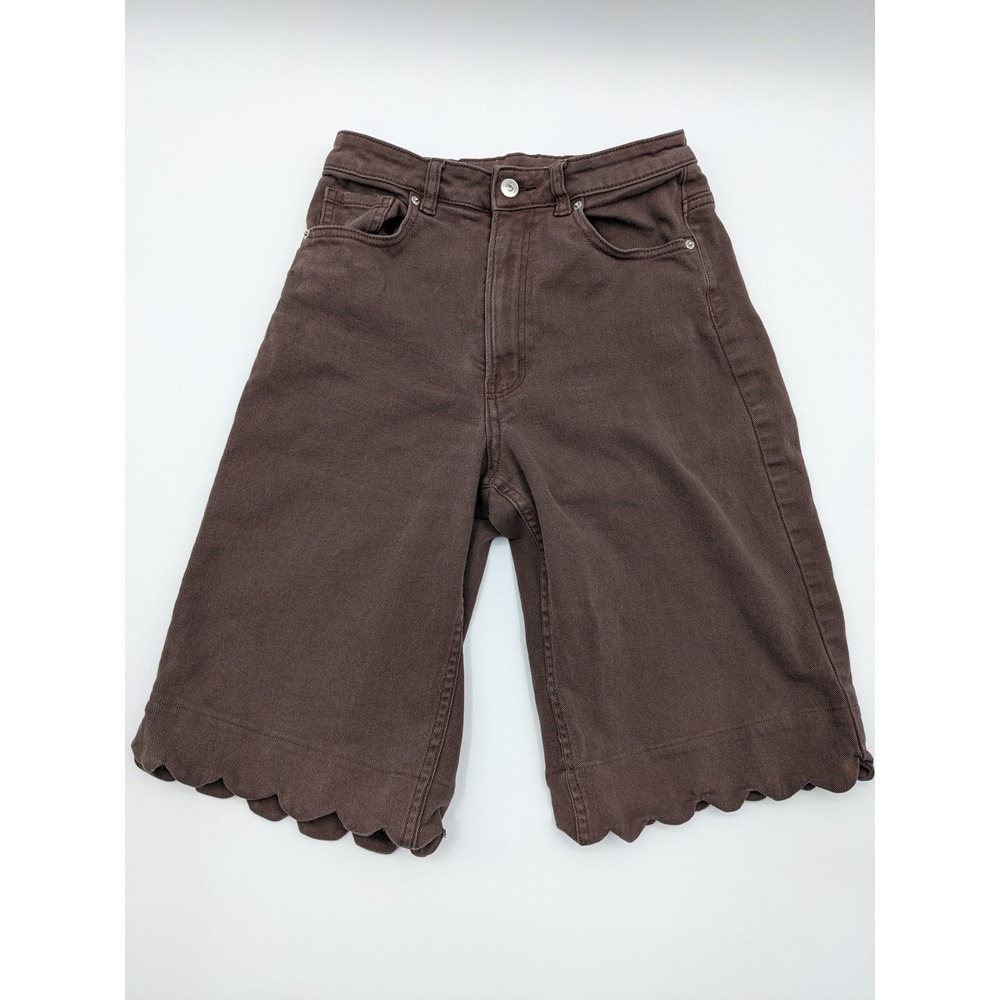 H&M Divided Brown Scalloped Hem Denim Shorts High Waisted Granola Girl Size 6